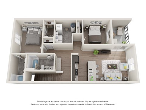 Floor plan for 2 beds, 2 baths, 970 sqft